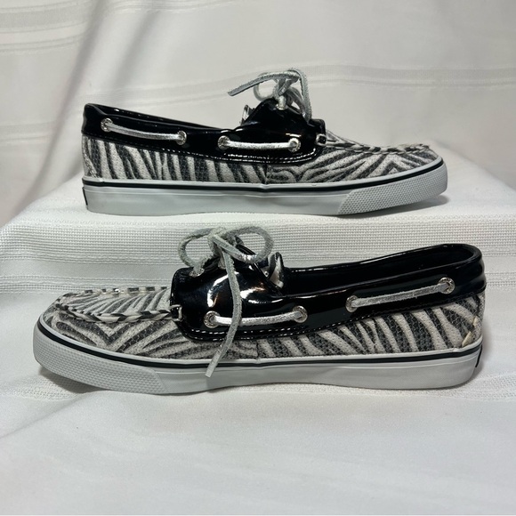 Sperry Top Sider Black White Zebra Stripe Sequins Sz 7.5 EUC Boat Shoes Sneakers - Picture 2 of 11